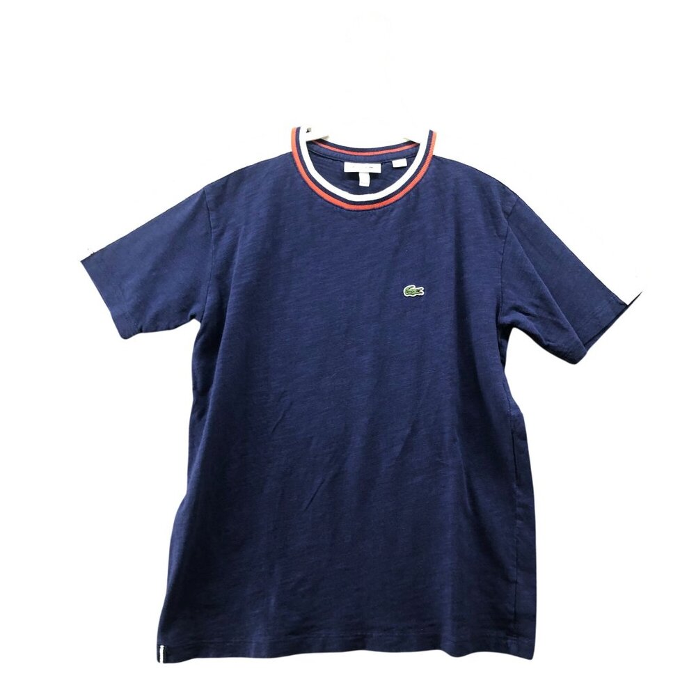 Lacoste Boys Size 12 (153 cm) T Shirt Blue White Tipped Short Sleeve Logo